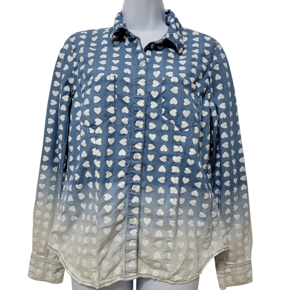 Mossimo | Heart Print Chambray Button Front Shirt Blue Denim Ombre Cotton